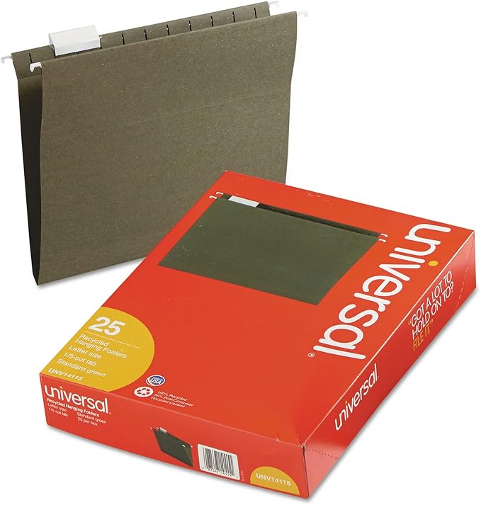 Universal 14115 Hanging File Folders, 1/5 Tab, 11 Point Stock, Letter, Standard Green, 25/Box