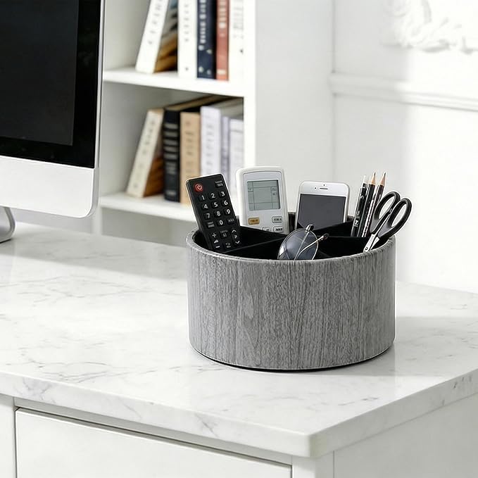 Remote Control Holder, 360°Spinning PU Leather Desk TV Remote Caddy,Desk Storage Box Room Accessories for Controller, Media,Mail,Calculator, Mobile Phone,Pencil(1-Big Thin Grey)