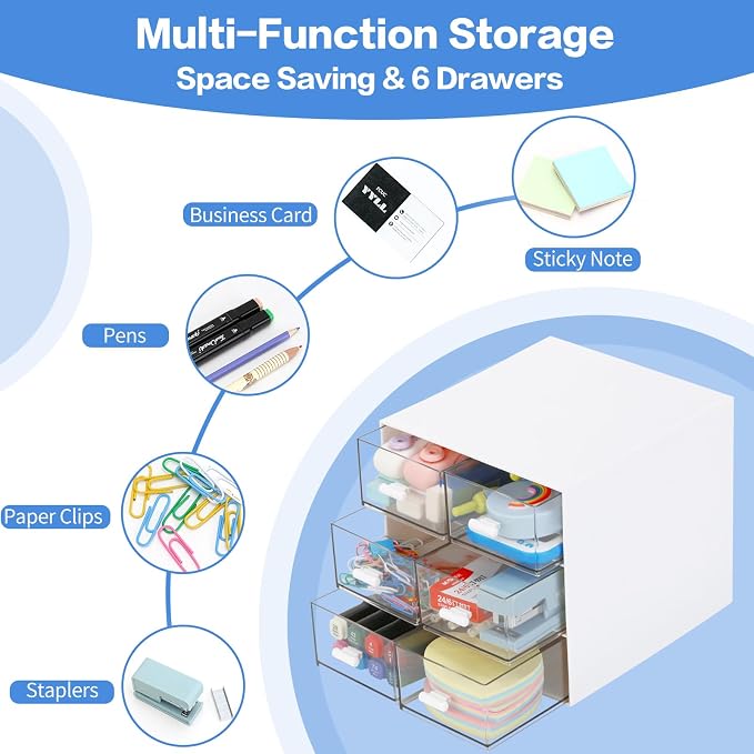 Desk Organizer with 5 Drawers, Rectangular Office Stationery Supplies Desktop Drawers, Plastic Makeup Storage, Suitable for Office, School, Home (White & 6 Drawers)