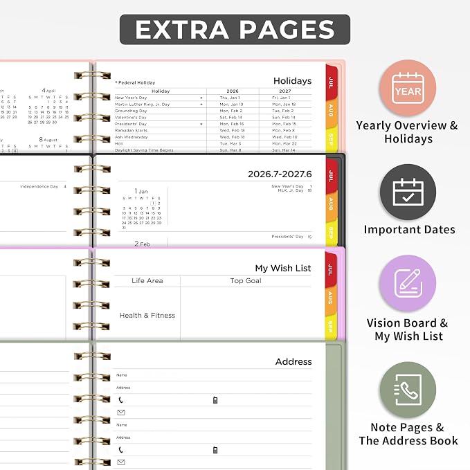 EMSHOI Academic Planner 2026-2027, Weekly and Monthly Calendar (July 2026 - June 2027), School Student Teacher Agenda Book, 100GSM Paper, PVC Cover, Colorful Tabs, A5 (6.38" x 8.35"), Light Green