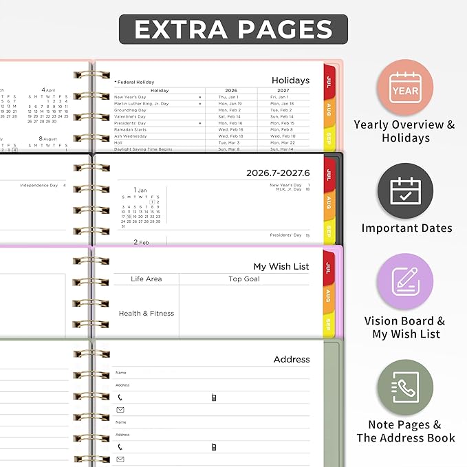 EMSHOI Academic Planner 2026-2027, Weekly and Monthly Calendar (July 2026 - June 2027), School Student Teacher Agenda Book, 100GSM Paper, PVC Cover, Colorful Tabs, A5 (6.38" x 8.35"), Light Green