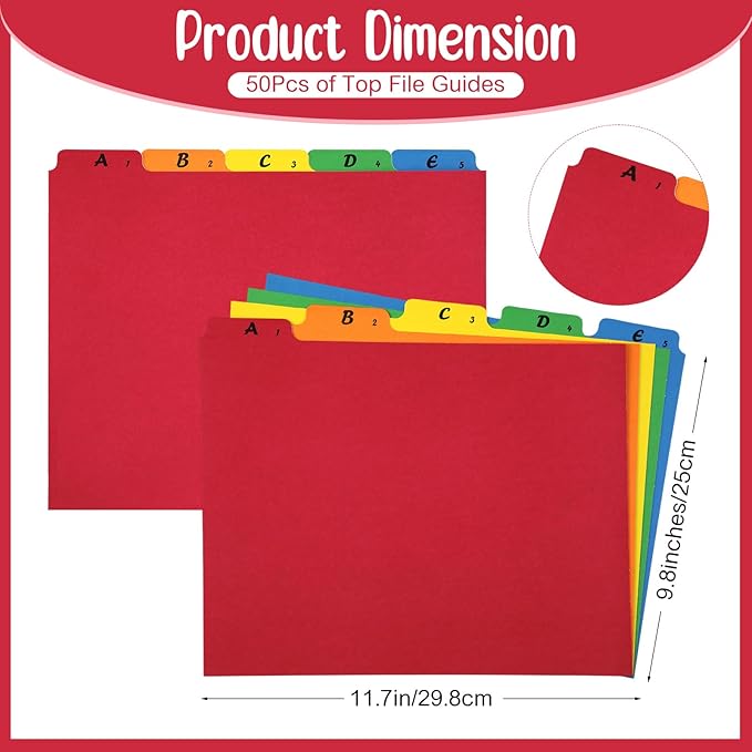 2 Set 50 Pcs Alphabet File Dividers A-z Top Tab Guides Set, Letter Size Filing Organizers 1/5 Cut Alphabetical File Folder Tabs for Home, Office, School(Rainbow Colors)