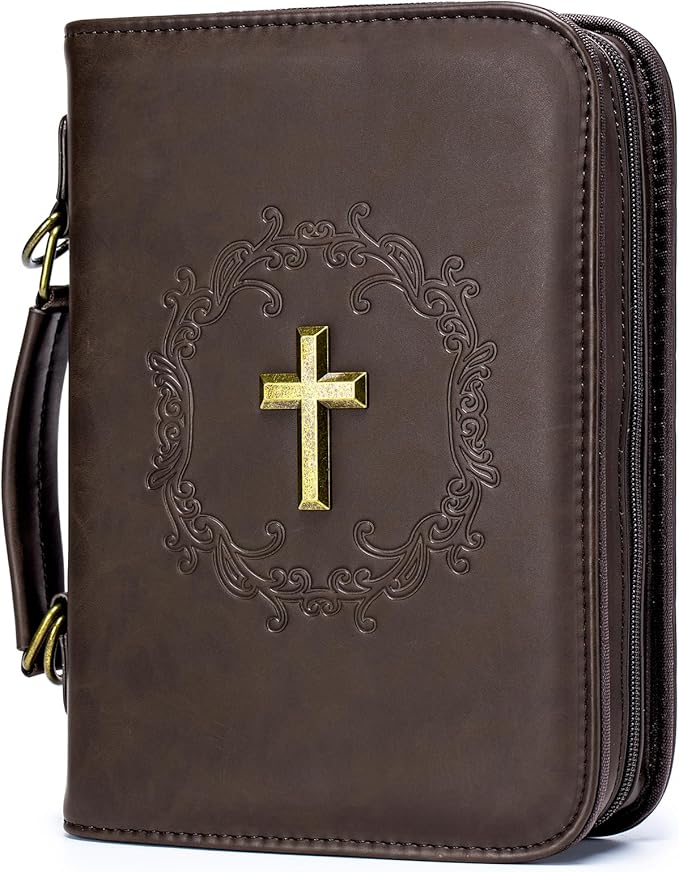 Large Bible Cover Case Church Bag with Detachable Shoulder Strap,Brown PU Leather Bible Bag for Men, Bible Protective Book Holder,Christian Gift for Men Women