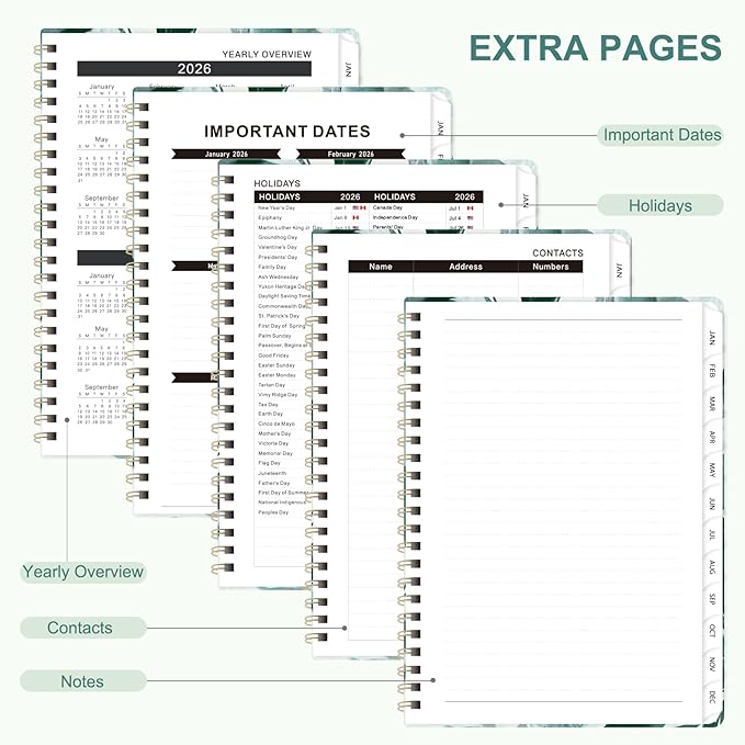2026 Planner, Weekly and Monthly Academic Planner Calendar (JAN.2026 - DEC.2026), Planning Agenda Book, for Office Desk Accessories and School Supplies, A5(6.3" x 8.5") (Leaf)