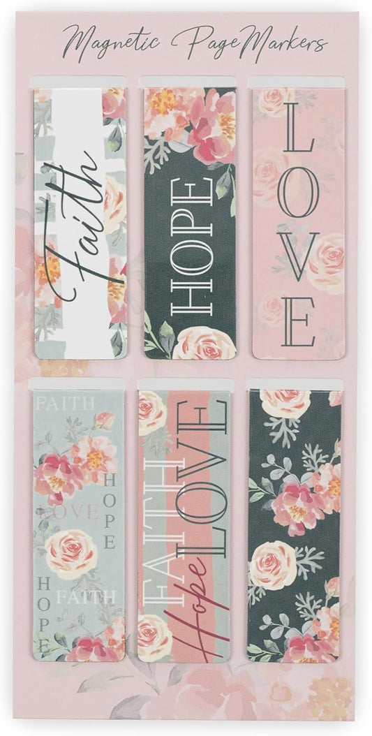 Christian Art Gifts Magnetic Scripture Bookmark Set for Men and Women: Faith, Hope, Love - 1 Corinthians 13:13 Inspirational Pink Rose Themed Magnetic Pagemarkers Set of 6 for Bibles, Size 2.3" x 0.8"