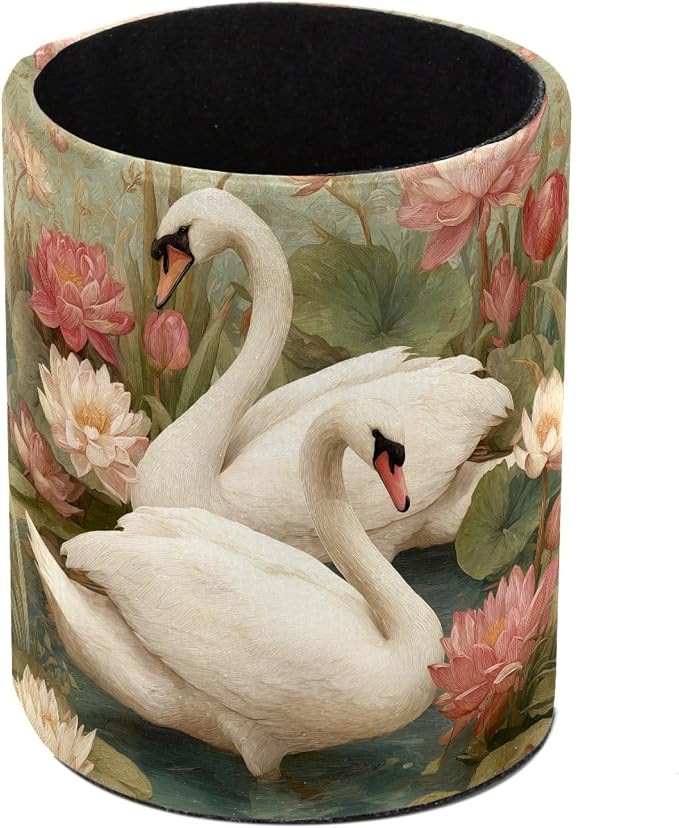 White Swan and Vintage Flowers Leather Pen Holder for Desk, Multifunctional Desktop Organizer Pencil Cup, Desktop Caddy Stationery Organizer for School Home Office Desk Accessories