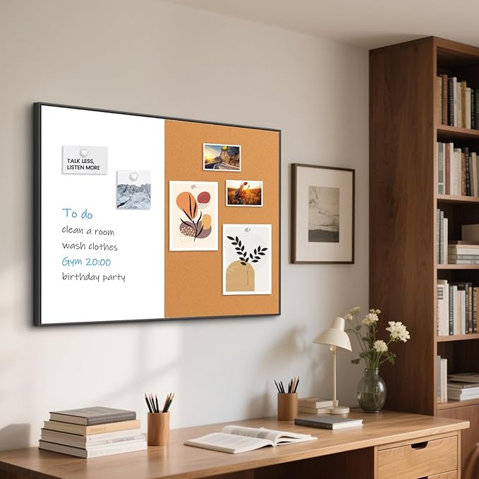 White Board Cork Board Combo, 36'' x 24'', Magnetic Dry Erase Board and Pin Board for Wall, Black Aluminum Frame Bulletin Board for Home Office School with Accessories
