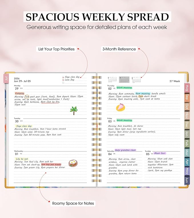 Academic Planner 2026-2027, Hardcover Leather Weekly and Monthly Calendar Planner from July 2026 - June 2027, A5 6.1" x 8.2" Daily Agenda with Tabs, College School Organizer for Student Teacher, Butterflies in the Blooms