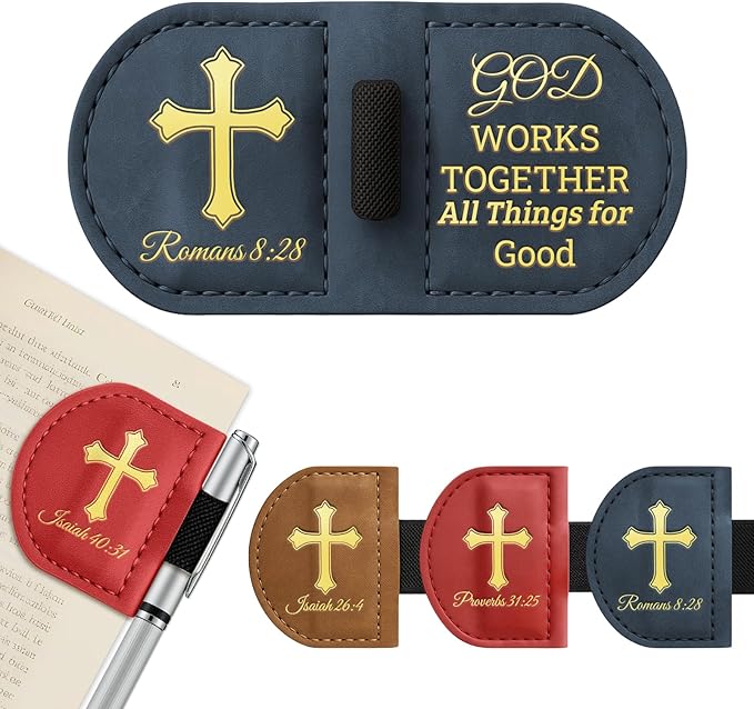 Personalized Magnetic Leather Bookmark with Pen Holder - Bygone Mark Custom Bible Verse Bookmarker,Book Marker for Men & Women,Book Lovers,Readers,Church(Blue,Romans 8:28)