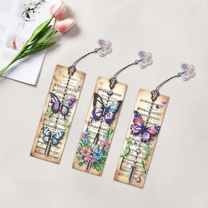ARTopet 3Pcs DIY Diamond Art Painting Bookmarks with Colorful Butterfly Pendant PET Bookmark Ornament Double Sided Pattern Single Sided Diamond Book Marker Clip Gifts Tags-Butterfly02