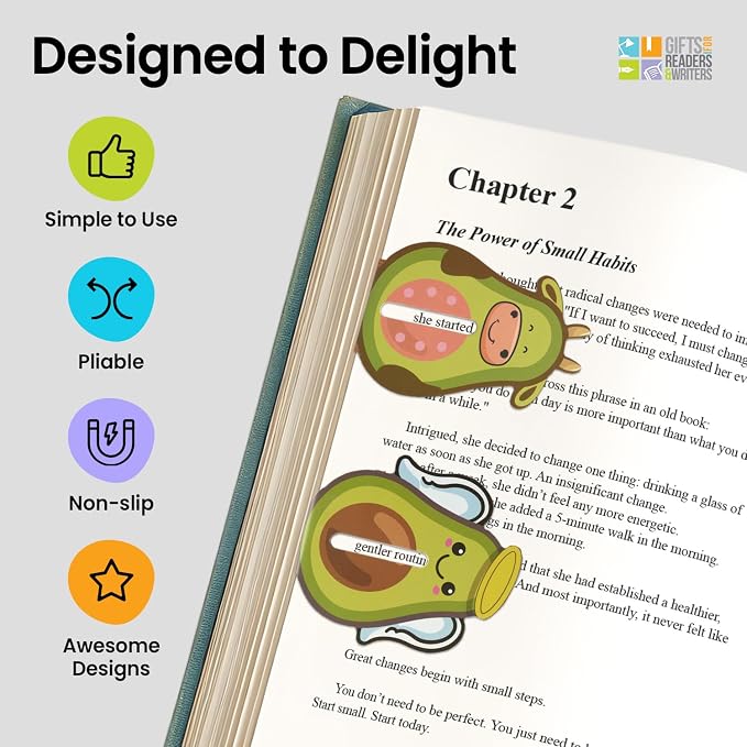 Gifts for Readers & Writers Linemarker Bookmark, 2 Pack Magnetic Bookmarks, Includes Line Finder Slit for Easy Line Tracking, Small & Cute Stationery, Book Page Holder, Reading Accessories, Avocado
