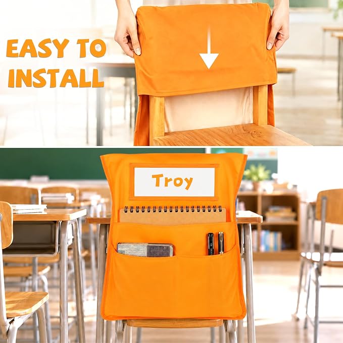 12pcs for Classroom 16.3x19.7inch Classroom Chair Pockets with Name Tag 3 Pockets Chair Organizer for Teacher Student School Office(Groovy)