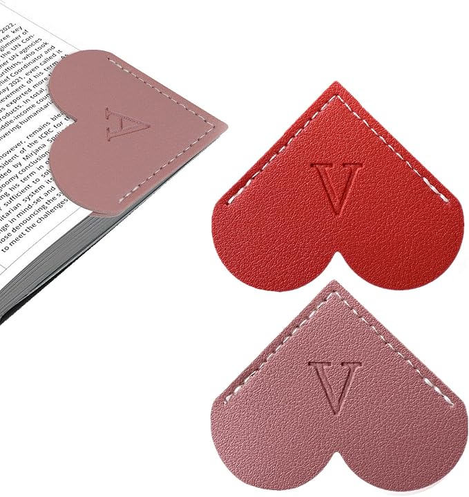 2Pcs Personalized Leather Heart Bookmark with Initial, 26 Letters Custom Corner Page Book Mark for Reading Women, Book Lovers, Teachers, Students, Cute Book Accessories Gifts(Red+Dark Pink, V)