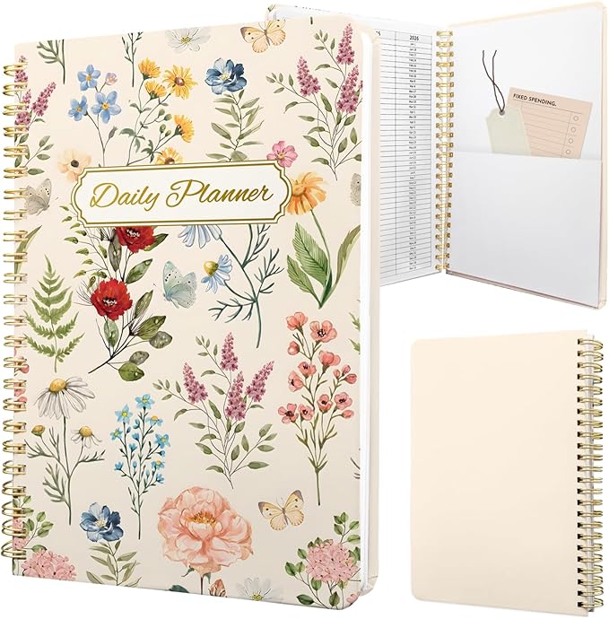 Undated Daily Planner - Spiral Notebook 80 Days One Day Per Page, Hourly Schedule, To-Do List, Notes, Everyday Planning Task, A5 Hardcover Journal Organizer Book Women Cute Aesthetic, Floral