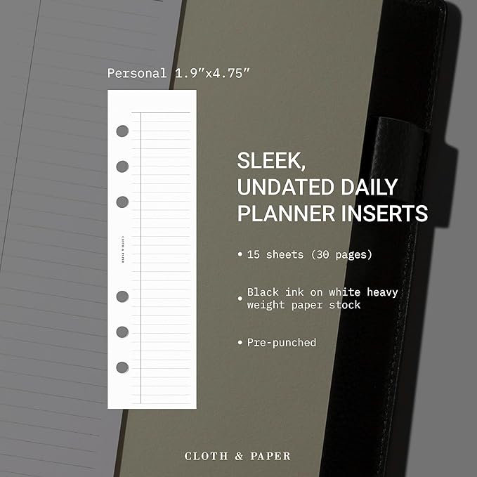 Cloth & Paper Half Page Task Inserts – Personal 6-Ring Planner Refills – 30 Pages (15 Double-Sided) – Minimal To-Do List, Daily Planner, Grocery List, Chores, Goals, Notes & Priorities Organizer