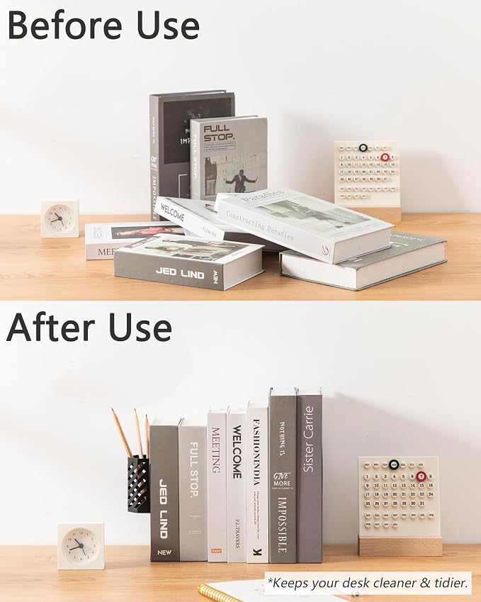 Kingsmile Book Ends, Adjustable Heavy Duty Metal Book Stoppers with Pen Holder for Desk Office Library Kids Room(Black)