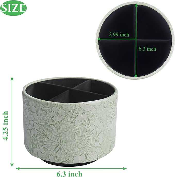 Round Leather Art Supply Organizer,Remote Control Holder,360-degree Rotating Pen Organizer with 4 Compartments(1-Butterfly Green2)
