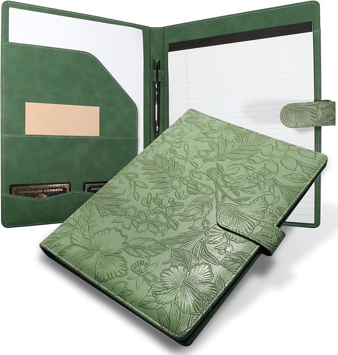 Professional Padfolio Portfolio Binder, Textured Embossing Faux Leather Folder Organizer for Letter Size Legal Pad Notepad Resume, Card Holder for Women Men Business Office Conference (Green)