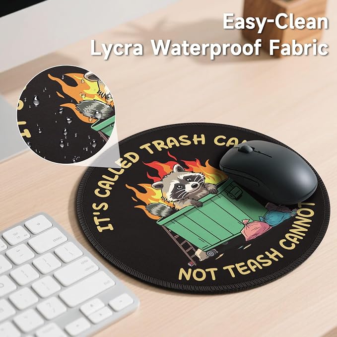 Gctriki Trash Raccoon Mouse Pad - 8.6 Inch Round Non-Slip Office Desk Mat, Premium Stitched Washable Mousepad for Computer Laptop Funny Office Gifts Desk Accessories, It's Called Trash CAN NOT TEASH