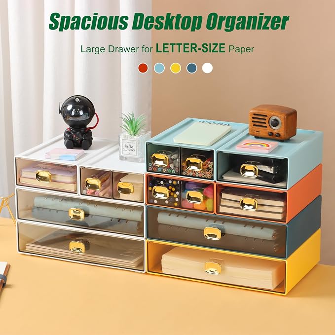 Spacious Desktop Storage Box, 1 Large Storage Drawer, Stackable Office Desk Drawer Organizer and Accessories, Printer Paper Organizer, Blue Plastic Drawers for Workspace & Home