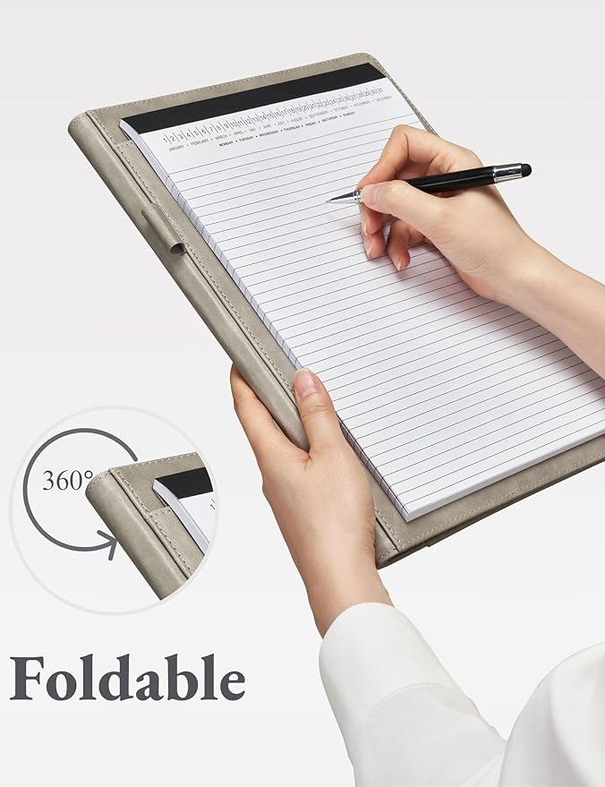 Mymazn Padfolio Portfolio Folder, Faux Leather Interview Resume Folder with Document Organizer & Business Card Holder, Letter-Sized Notepad Legal Pad Holder for Men Women (Grey)
