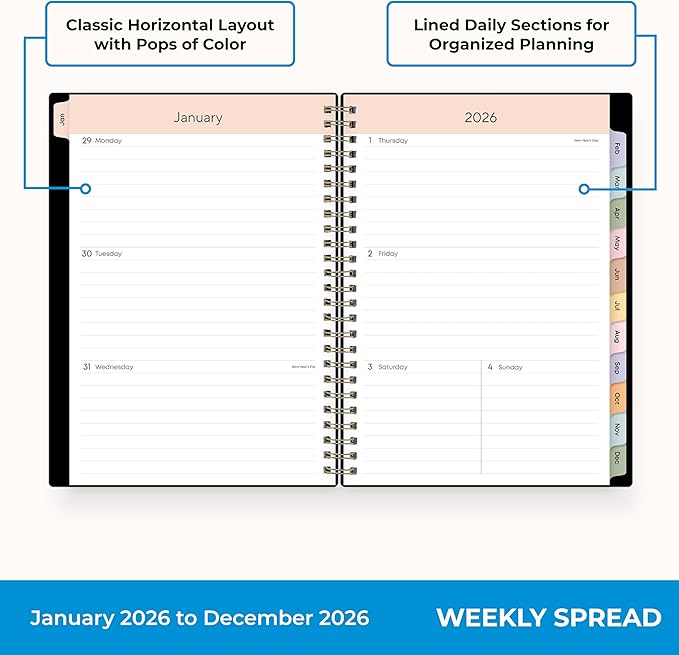 Blue Sky 2026 Weekly and Monthly Planner Calendar, January 2026 - December 2026, 5.875” x 8.625”, Flexible Cover, Storage Pocket, Ruler, Colorful Interior, Includes Extra 30 Sheets of Notes, Black