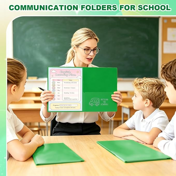 24 Pcs Back to School Take Home Folders for Elementary Students 2 Pocket Folders with Clear Front Pocket 4 Inner Pockets Plastic Parent Teacher Communication Folder 11.81 x 9.45 Inch (Green)