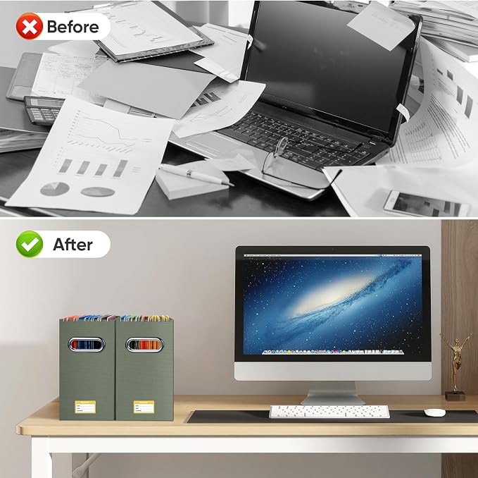 BALEINE File Organizer Box, Cardboard File Folder Organizer with Handle for Letter Size, Portable Collapsible Hanging Filing Box for Home Office Document Storage (4 Pack,Olive)