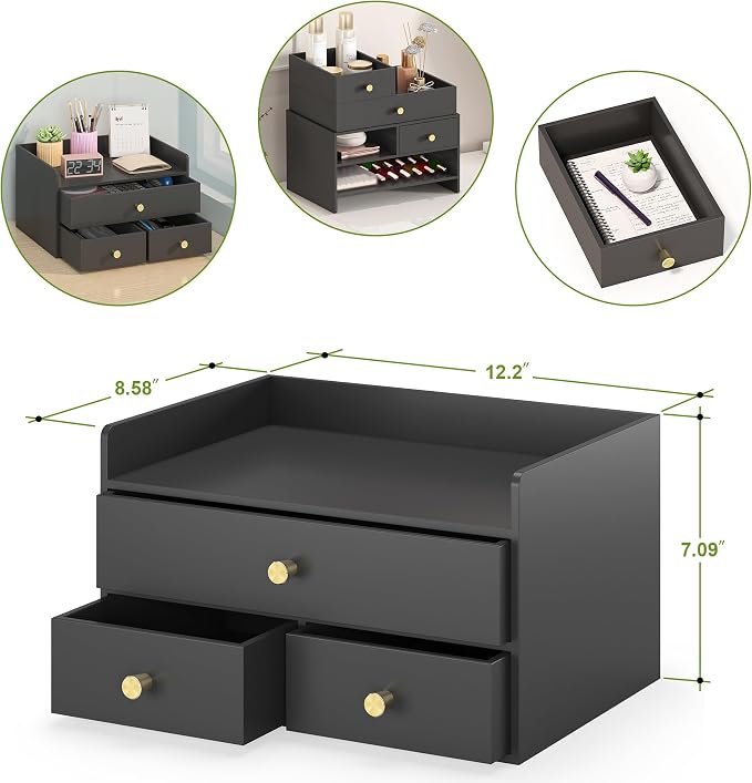 Bamboo Desk Organizer with Drawers Wooden Desktop Storage Drawers (1, Black 3 Drawers)