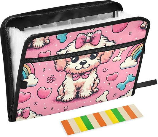 Expanding File Folder Pink Bow Dog Bone Rainbow Accordion File Organizer 13 Pockets Document Organizer with Zipper Labels A4 Letter Office Storage