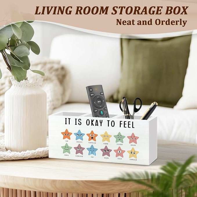 WODMIS Mental Health Classroom Pen Pencil Holder for Desk, It Is Okay to Feel Emotions Chart Wooden Box Organizer Decorations for Classroom Therapy School Counselor Office Desk Accessories Tabletop