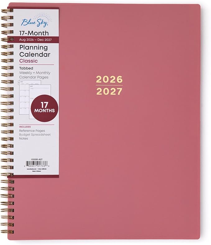 Blue Sky 17 Month 2026-2027 Weekly and Monthly Academic Year Planner Calendar, August 2026 - December 2027, 8.5" x 11", Flexible Cover, Wirebound, Laminated Tabs, Dusty Rose
