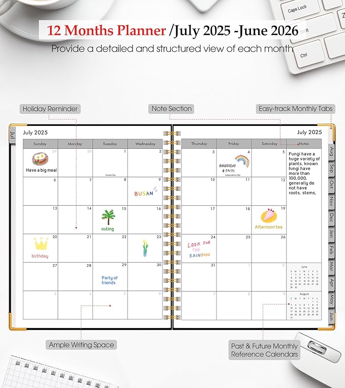 Academic Planner 2025-2026, Weekly and Monthly Calendar Planner from July 2025 - June 2026, 8.5" x 11" Hardcover Leather Hourly Appointment Book with Tabs, Spiral Daily Planners for College School Teacher Student, Black