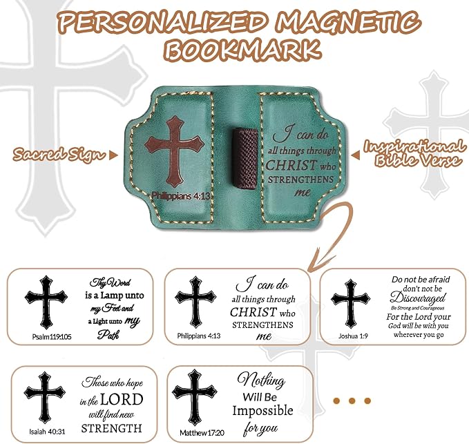Bygone Mark Personalized Magnetic Leather Bookmark with Pen Holder,Inspirational Bible Verse Religious Bookmarks,Christian Book Lovers Reading Accessory for Men Women (Green, Philippians 4:13)