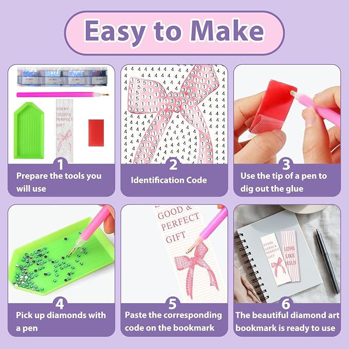 Pink Bow Diamond Art Bookmarks for Adults, Pink Bow Diamond Painting Bookmarks with Pendant, 5d Gem Art, Acrylic Bookmark Easy DIY Crafts for Books Decor Gift