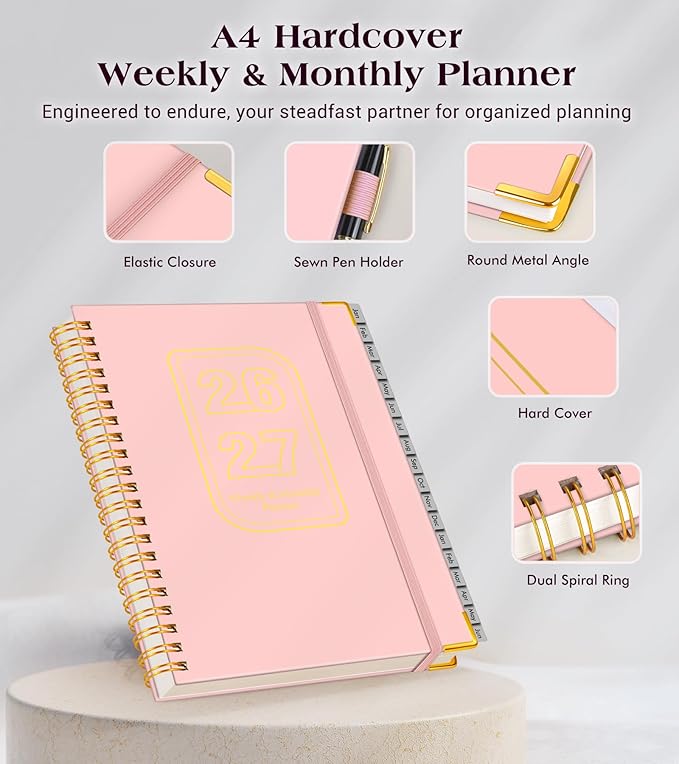 Planner 2026-2027, 18 Months Weekly and Monthly Hardcover Planner, January 2026 - June 2027, 8.5" x 11" A4 Large Daily Calendar Planner Book with Tabs, Spiral Yearly Agenda Organizer Notebook for School Work Home, Pink
