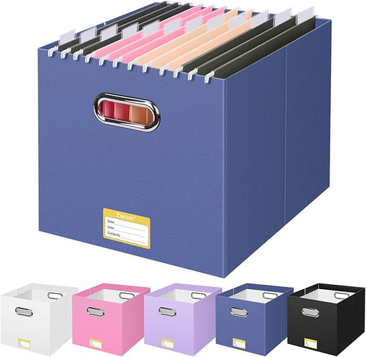 BALEINE File Organizer Box, Cardboard File Folder Organizer with Handle for Letter Size, Portable Collapsible Hanging Filing Box for Home Office Document Storage (1 Pack, Large Navy)