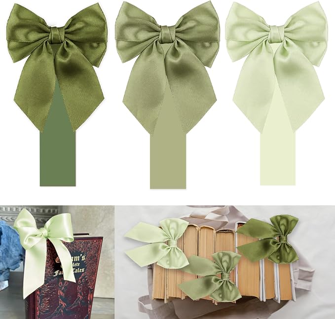 Gradient Green Satin Bow Bookmark Anniversary Coquete Book Mark Mini Green Satin Ribbon Bows Appliques Craft Bowknot for Book Lovers Gift