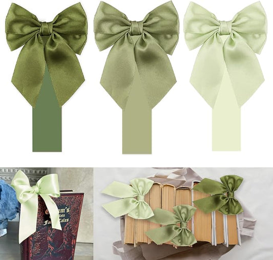 Gradient Green Satin Bow Bookmark Anniversary Coquete Book Mark Mini Green Satin Ribbon Bows Appliques Craft Bowknot for Book Lovers Gift