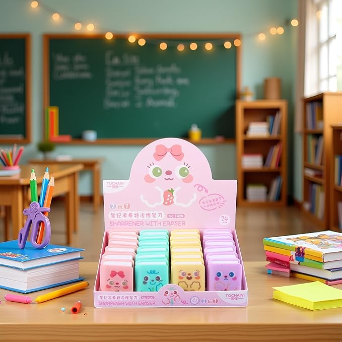 4pcs Multicolour Cute Dual Purpose Book Pencil Sharpener Eraser, Cute Cartoon Student Eraser Pencil Cute,Office and School Supplies