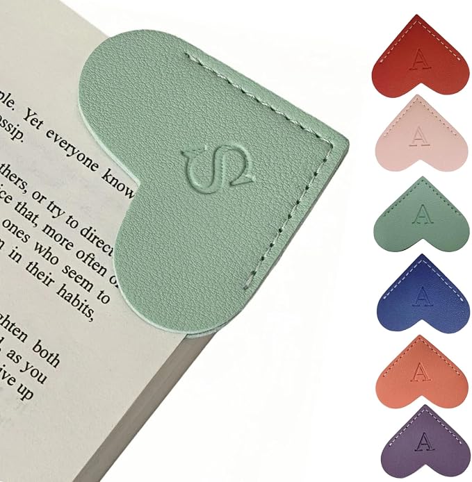 Personalized Leather Heart Bookmarks with Initials, 26 Letters Custom Corner Book Mark for Reading Women,Teacher, Student, Book Lovers Book Marker, Meaningful Gifts (Dark Blue+Light Green,S)