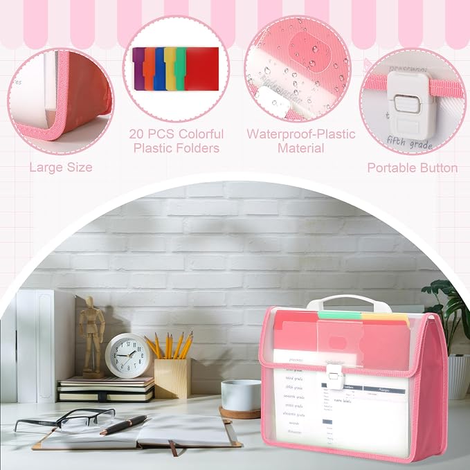 School Years Organizer Kit Clear Plastic Storage Tote with 20 Letter Size Colored Manila Folders 60 Reusable Sticker Labels School Memory Keepsake Box for Pre K to 12th Grade DIY Organization (Pink)