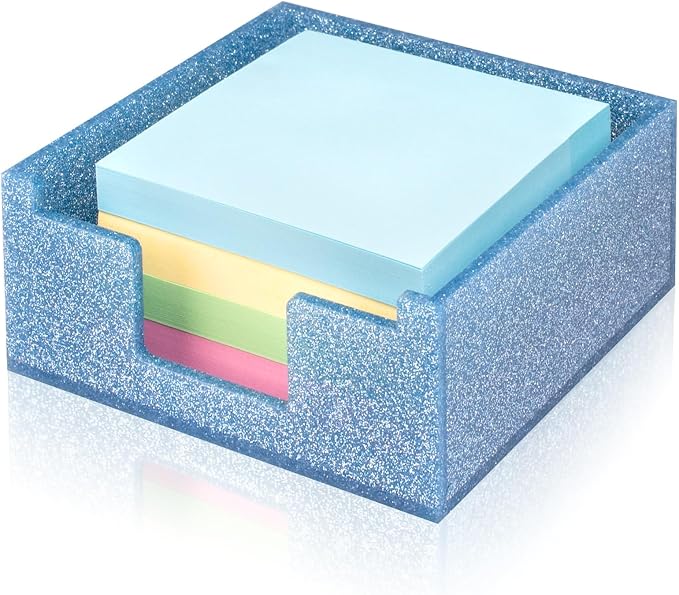 Sparkling Sticky Note Holder, Glitter Acrylic Organizer, 3.94 x 3.94 in Multi-Use Tray for Office, School & Home Desk (Blue)