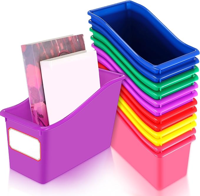 Teling 12 Pcs Book Bins Bulk - Plastic Book Storage Bin with Labels for Classroom Interlocking Magazine Holder Organizer Binder Container Box for School Office Desktop Bookshelf Home (Rainbow Bright)
