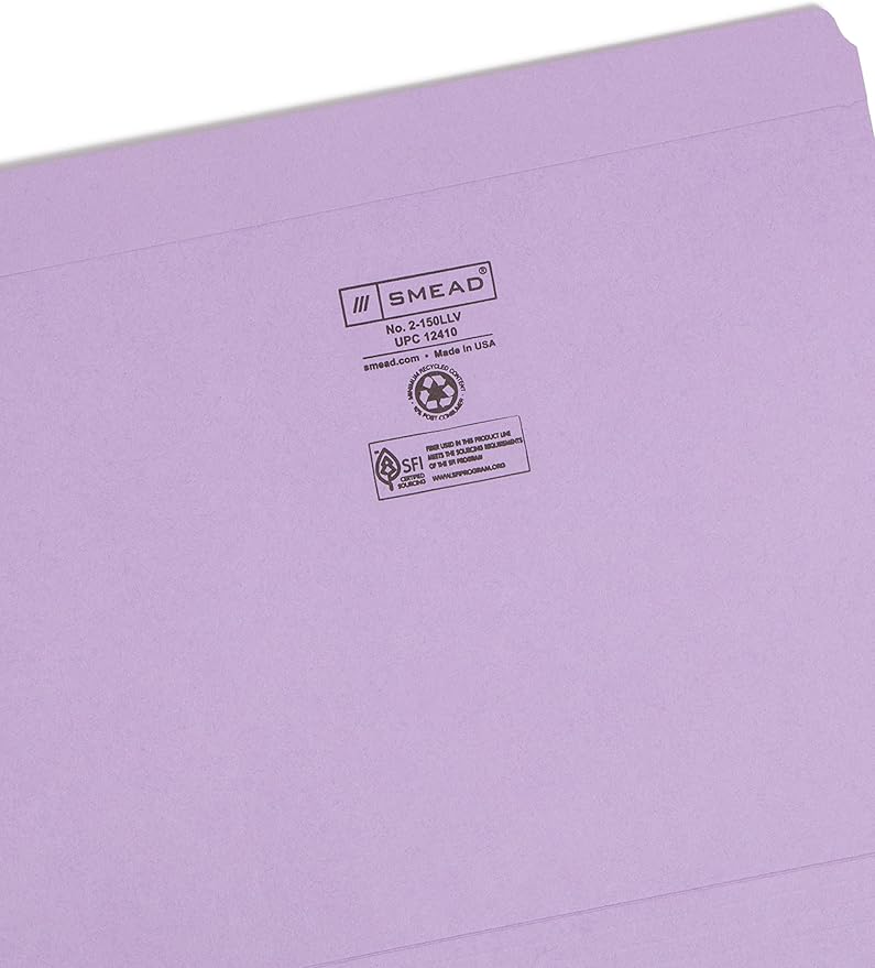 Smead File Folder, Reinforced Straight-Cut Tab, Letter Size, Lavender, 100 per Box (12410)