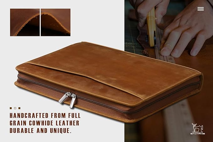 Genuine Leather Business Portfolio Padfolio Folder with Zipper for Men, Men's Leather Padfolio Folder for 13" Laptop, Business Portfolio for Letter Size Notepad, Graduation Gift，Brown