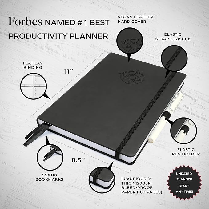 Smart Planner Pro – Undated Daily Planner – Large A4 – Achieve Goals & Increase Productivity with Weekly, Monthly, Work Sections - Organizer Diary with Back Pocket, 3 Satin Bookmarks & Pen Holder