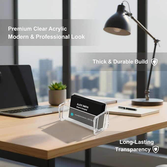Acrylic Business Card Holder | Clear Business Card Organizer for Horzontal Cards | Plastic Business Card Display for Desk Organization | Office Desk Accessories