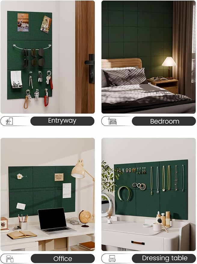 Fluxynara Felt Bulletin Board Tiles -28"x18" Cork Board Alternative for Office Decor, Push Pin Board Wall Organizer 6-Pack -Pine Green