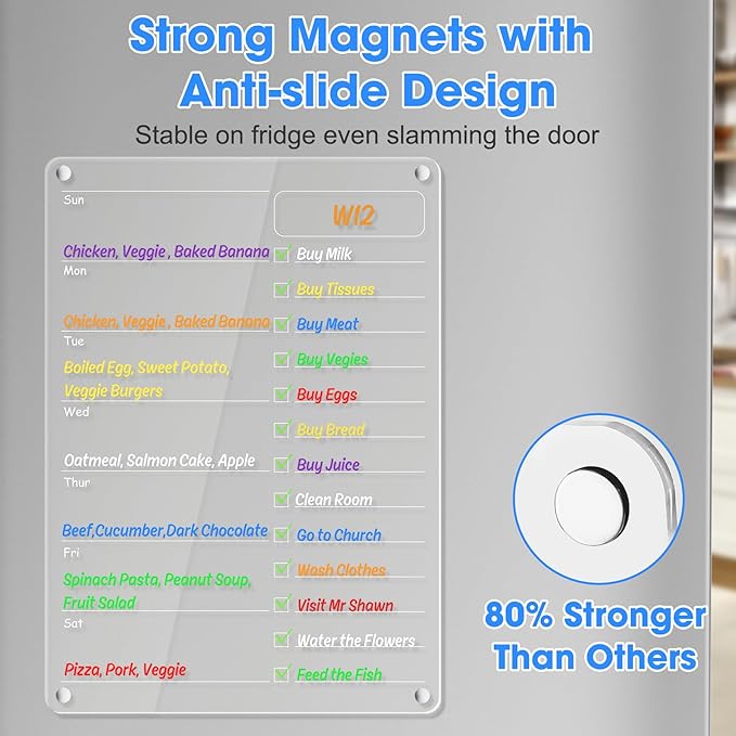 Acrylic Meal Planner Magnetic Menu Board for Kitchen Fridge Planning Board Grocery to Do List Shopping List w/ 8 Markers, Clear Weekly Calendar for Refrigerator Dry Erase Board, 12x9’’